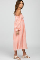 Peach Square Neck Puff Ruffle Sleeve Midi Dress