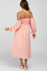 Peach Square Neck Puff Ruffle Sleeve Midi Dress