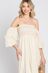 Yellow Ditsy Floral Smocked Off Shoulder Dress