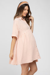 Peach Button Up Cuff Sleeve Maternity Dress