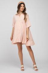 Peach Button Up Cuff Sleeve Maternity Dress