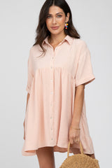 Peach Button Up Cuff Sleeve Maternity Dress