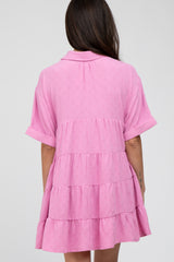 Pink Button Up Cuff Sleeve Dress