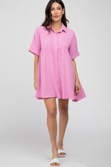 Pink Button Up Cuff Sleeve Dress