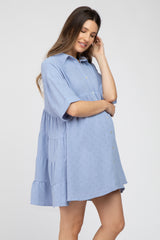 Light Blue Button Up Cuff Sleeve Maternity Dress