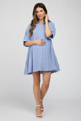 Light Blue Button Up Cuff Sleeve Maternity Dress