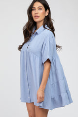 Light Blue Button Up Cuff Sleeve Dress