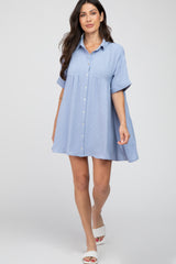 Light Blue Button Up Cuff Sleeve Dress