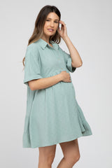 Mint Green Button Up Cuff Sleeve Maternity Dress