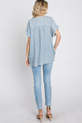 Blue Floral Raw Hem Cuffed Top