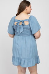 Blue Smocked Square Neck Chambray Maternity Plus Dress