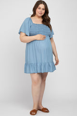 Blue Smocked Square Neck Chambray Maternity Plus Dress