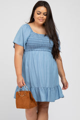 Blue Smocked Square Neck Chambray Plus Dress