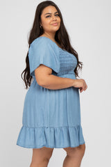 Blue Smocked Square Neck Chambray Plus Dress