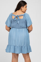 Blue Smocked Square Neck Chambray Plus Dress