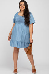 Blue Smocked Square Neck Chambray Plus Dress