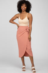 Salmon Ribbed Wrap Maternity Midi Skirt