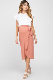 Salmon Ribbed Wrap Maternity Midi Skirt