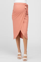 Salmon Ribbed Wrap Maternity Midi Skirt