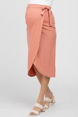 Salmon Ribbed Wrap Maternity Midi Skirt