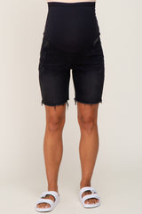 Black Frayed Hem Maternity Bermuda Jean Shorts