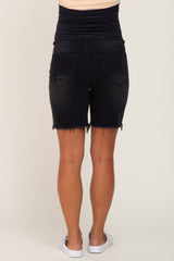 Black Frayed Hem Maternity Bermuda Jean Shorts