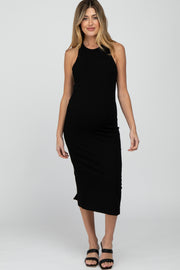 Black Ribbed Cross Back Cutout Maternity Dress