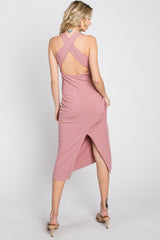 Pink Ribbed Cross Back Cutout Dress