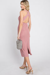 Pink Ribbed Cross Back Cutout Maternity Dress