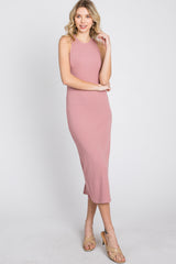 Pink Ribbed Cross Back Cutout Dress