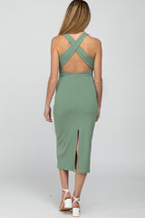 Mint Green Ribbed Cross Back Cutout Maternity Dress