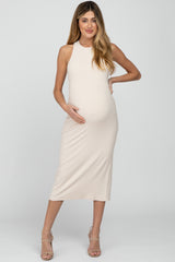 Taupe Ribbed Cross Back Cutout Maternity Dress