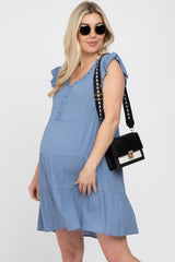 Blue Ruffle Accent Tiered Maternity Dress