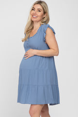 Blue Ruffle Accent Tiered Maternity Dress