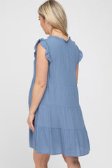 Blue Ruffle Accent Tiered Maternity Dress