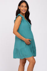 Teal Ruffle Accent Tiered Maternity Dress