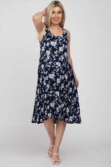 Navy Floral Sleeveless Pleated Maternity Dress