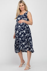 Navy Floral Sleeveless Pleated Maternity Dress