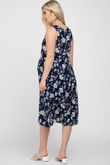 Navy Floral Sleeveless Pleated Maternity Dress