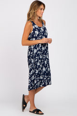 Navy Floral Sleeveless Pleated Dress