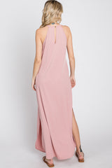 Light Pink Ribbed Halter Neck Round Hem Maxi Dress