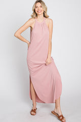 Light Pink Ribbed Halter Neck Round Hem Maxi Dress