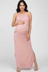 Light Pink Ribbed Halter Neck Round Hem Maternity Maxi Dress