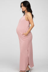 Light Pink Ribbed Halter Neck Round Hem Maternity Maxi Dress