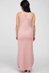 Light Pink Ribbed Halter Neck Round Hem Maternity Maxi Dress