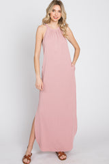 Light Pink Ribbed Halter Neck Round Hem Maternity Maxi Dress