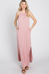 Light Pink Ribbed Halter Neck Round Hem Maxi Dress