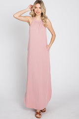 Light Pink Ribbed Halter Neck Round Hem Maxi Dress