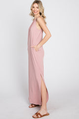 Light Pink Ribbed Halter Neck Round Hem Maxi Dress