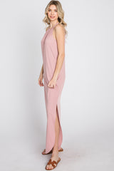 Light Pink Ribbed Halter Neck Round Hem Maxi Dress